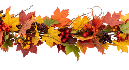 Autumn garland with vibrant maple leaves and berries on a white background, perfect for seasonal decorations and fall themes