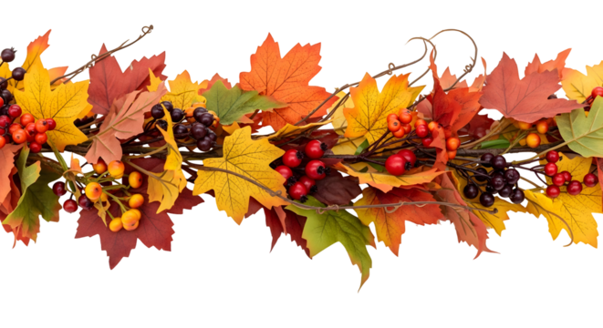 Autumn garland with vibrant maple leaves and berries on a white background, perfect for seasonal decorations and fall themes