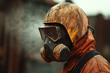 Fototapeta premium A professional painter in a full-face mask is shown in profile.