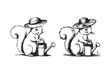 Two whimsical squirrels wearing hats watering plants