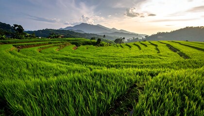 Naklejka premium Lush green rice terraces at sunset