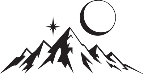 Mountain Peaks with Crescent Moon and Star Icon.