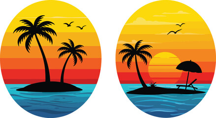 Tropical paradise islands with palm trees and sunset vector illustrations