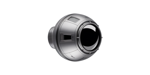 Sleek futuristic metallic camera lens element with detailed texture and reflective surface