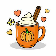Orange Autumn Latte Mug Vector Illustration with Whipped Cream, Cinnamon Stick, Pumpkins and Fall Leaves