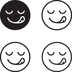 Yummy face icons set, four delicious smile emoji icons, black silhouette, outline, filled, thin stroke, minimal line style, editable vector, isolated design, food and fun expression symbols