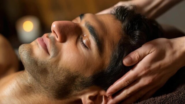 A Indian man relaxes during a head massage. Close-up of the man's face and the massage therapist's hands, spa salon. Health and relaxation concept