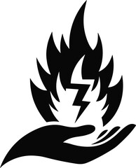 Hand holding fire flame with lightning bolt, energy power symbol, electricity danger illustration, electric power logo, safety warning icon