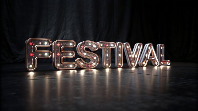 Marquee letters spell out F E S T I V A L on dark stage