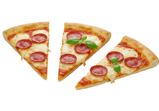 Three perfect gourmet pepperoni pizza slices with melted mozzarella, crimson pepperoni, basil leaves, on a clean transparent background, appetizing food photography concept