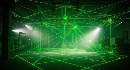 Green laser beams create patterns in space, forming a futuristic scene. Elaborate green laser beams installations shine brightly in dark environment, making geometric forms.