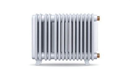 A detailed illustration of a classic, light gray radiator, highlighted against a bright white backdrop.