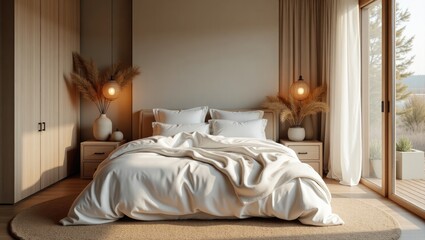 Bedroom with linen sheets and natural textures.