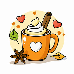 Orange Autumn Latte Mug Vector Illustration with Whipped Cream, Cinnamon Stick, Pumpkins and Fall Leaves