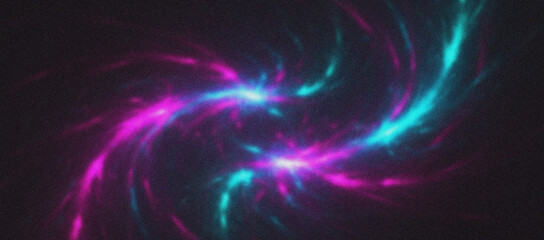 Abstract swirling vortex of pink and cyan light trails against a dark background, representing energy and motion