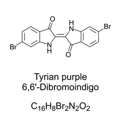 Tyrian purple, 6,6-Dibromoindigo, chemical formula and molecular structure. Organic compound and deep purple solid. Dye of historical significance, that is produced by snails of the family Muricidae.