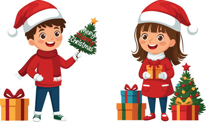 Happy children in Santa hats celebrating Christmas with gifts, Christmas tree, holiday decorations, festive season joy, cartoon vector illustration