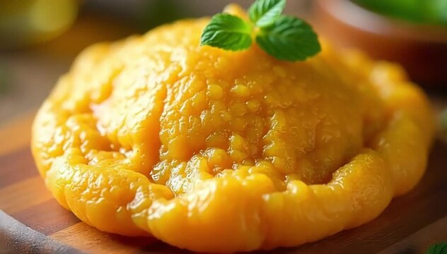 Soft baghrir resting on wooden board with bowl of honey and mint leaves nearby 