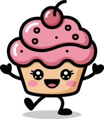 Vector art of cute cupcake cartoon a delightful cupcake character with a cherry on top, pink frosting, and a sweet smile, perfect for adding a touch of whimsy to any project