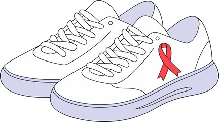 A pair of white sneakers with a red ribbon symbolizing AIDS awareness on the side of one shoe.