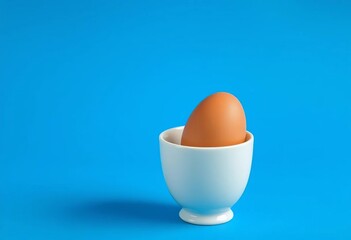 Single brown egg nestled in a pristine white cup against a vibrant blue backdrop,   isolated,   photo