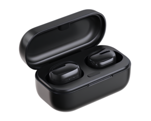 transparent background black wireless earbuds in a charging case, isolated