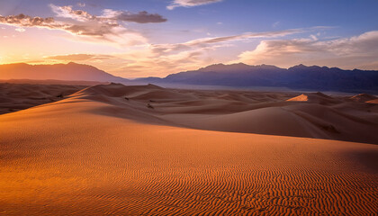 Naklejka premium Serene Desert Landscape With Rolling Sand Dunes Vibrant Sunset Sky And Distant Mountains Creating Tranquil Atmosphere