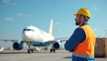 Inspector in airport inspects airplane on background. Male worker in yellow safety helmet controls plane preparing for takeoff. Engineer controls maintenance service. Inspector checks aircraft