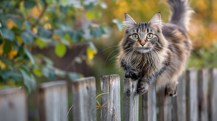 A Norwegian Forest cat climbing 