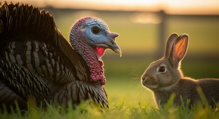 Close-up of a turkey and a rabbit facing each other in a field at sunset. An unlikely animal friendship on a farm