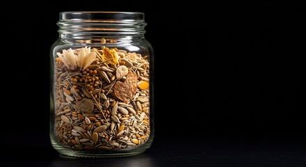 Dried Flowers and Seeds in Glass Jar: Autumnal Still Life Photography, Warm Tones, Dark Background, Minimalist Aesthetic, Natural Textures,  Earthy Colors,  Botanical Elements,  Close-up View.