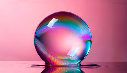 Iridescent Colorful Bubble Reflecting Light And Gentle Curves Against A Soft Pink Background