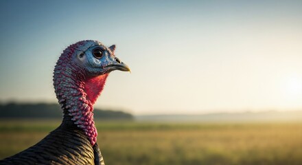 A close-up profile of a wild turkey in a rural farm setting. Male bird portrait during golden hour sunrise. Copy space