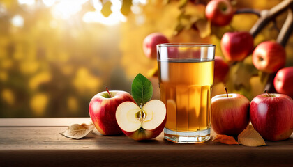 Refreshing Apple Juice And Sliced Apples On Wooden Table Promising Crisp Autumn Flavors And Healthy Hydration Ideal For Wellness And Seasonal Promotions