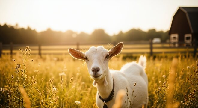 A white goat on a rural farm at sunset. Close-up portrait of a farm animal in a golden field during golden hour. Agriculture and livestock concept