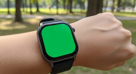 Hand Wearing Modern Smartwatch with Green Screen Display in an Outdoor Park
