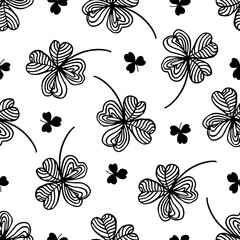 Seamless pattern with leaf clovers. Lucky four or three black shamrock leaves on white background. Patrick day. Hand drawn vector illustration