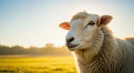 Fototapeta premium A close-up portrait of a sheep in a field at golden hour. Farm animal in a rural setting with warm sunlight. Copy space for text