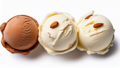 Three Scoops Of Vanilla Ice Cream With Almonds Isolated On Transparent Background