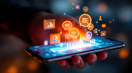 Digital technology and social media icons emanating from a smartphone