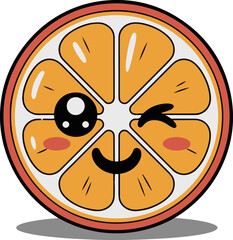 Vector art of a charming kawaii orange slice with a playful wink and a cheerful smile, , bringing a burst of citrusy joy to any creative endeavor