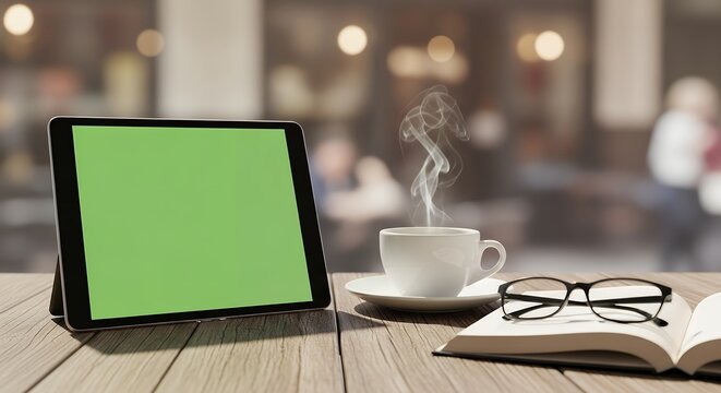 Digital Tablet with Green Screen Steaming Coffee and Open Book on Wooden Table at Cafe