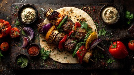 Exquisite Turkish Cuisine Styled Food Photography Featuring Grilled Kebabs and Fresh Ingredients