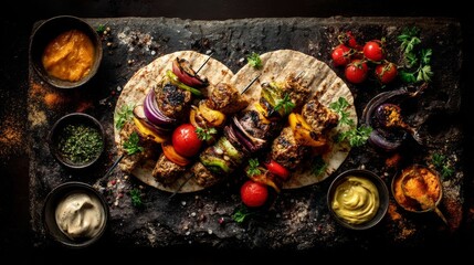 Beautifully Styled Turkish Food Photography Featuring Grilled Kebabs and Fresh Vegetables on Rustic Slate Surface