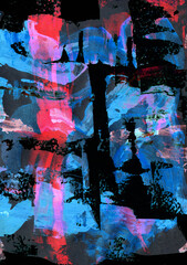 An abstract oil or acrylic painting in deep blue, red and black tones, executed with bold, broad strokes using a palette knife.