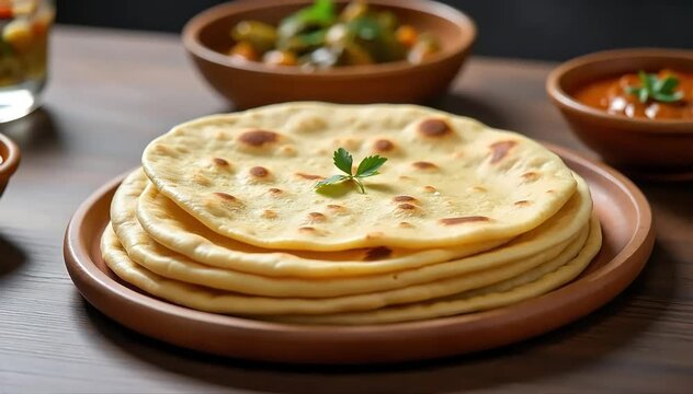 Soft Ethiopian injera flatbread stacked neatly on wooden platter with stews on side 