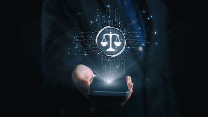 Futuristic digital law interface displaying justice scale, highlighting digital law, AI compliance,...