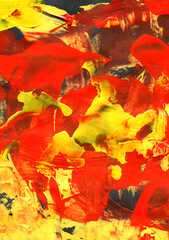 Abstract palette knife painting in vibrant red and yellow tones with expressive brushstrokes of red and yellow acrylic or oil. Contemporary art. 