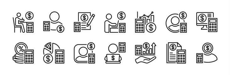 Accounting icon set. Financial statement, accountant, financial audit, calculating, inspecting, tax, earning, invoice, report notes, employee, analysis, profit, growth chart - vector illustration