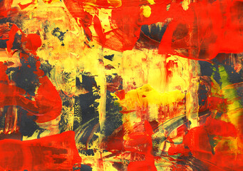 Horizonta Abstract palette knife painting in vibrant red and yellow tones with expressive brushstrokes of red and yellow acrylic or oil. Contemporary art